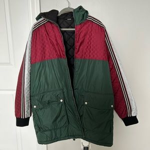 GUCCI GG JACQUARD LONG PUFFER JACKET WITH HOOD